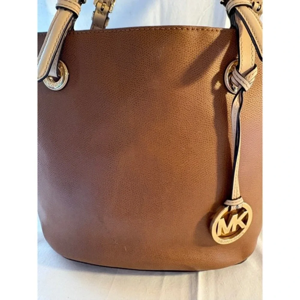 Michael Kors Brown Pebbled Leather Tote Bag Gold Tone MK Charm‎ Shoulder Bag